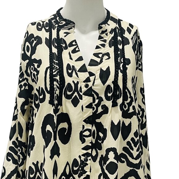 BOHO ME Black White Print Boho Mini Button Up Dress Tiered Ruffle Long Sleeve L - Picture 5 of 9